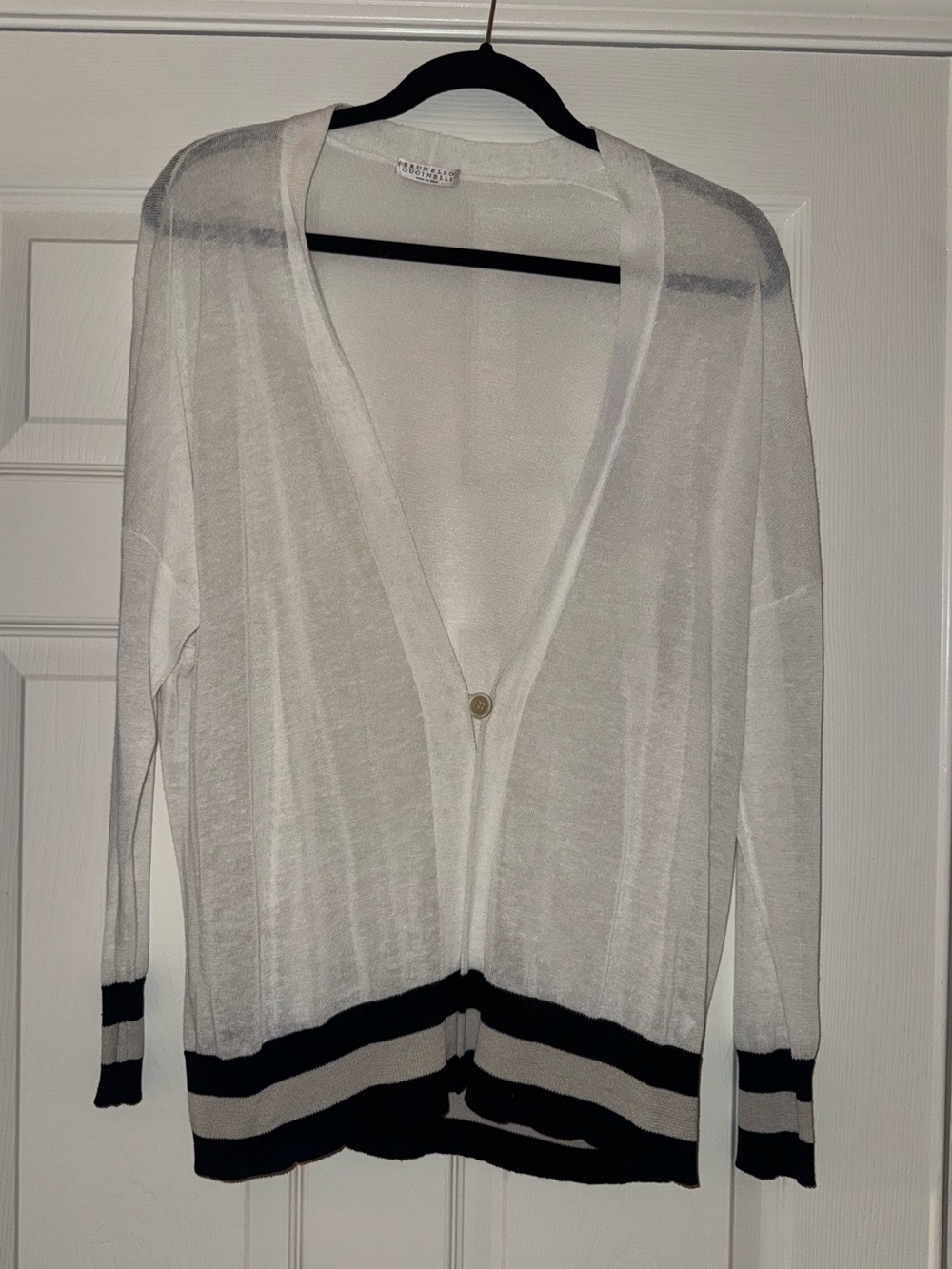 Brunello Cucinelli White Cardigan with Black and Tan Stripes